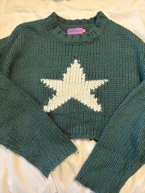 EDIKTED Teal Green Cropped Star Knit Sweater